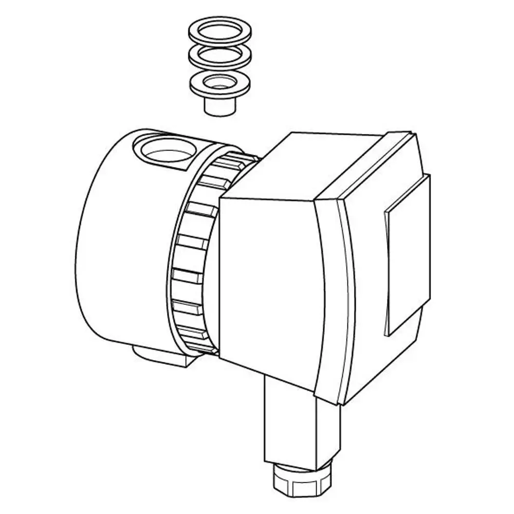 Gezeichnete Darstellung einer Pumpe von Uponor, mit beigelegten Federn und Dichtungen. Die Komponenten sind schematisch angeordnet und deutlich erkennbar.